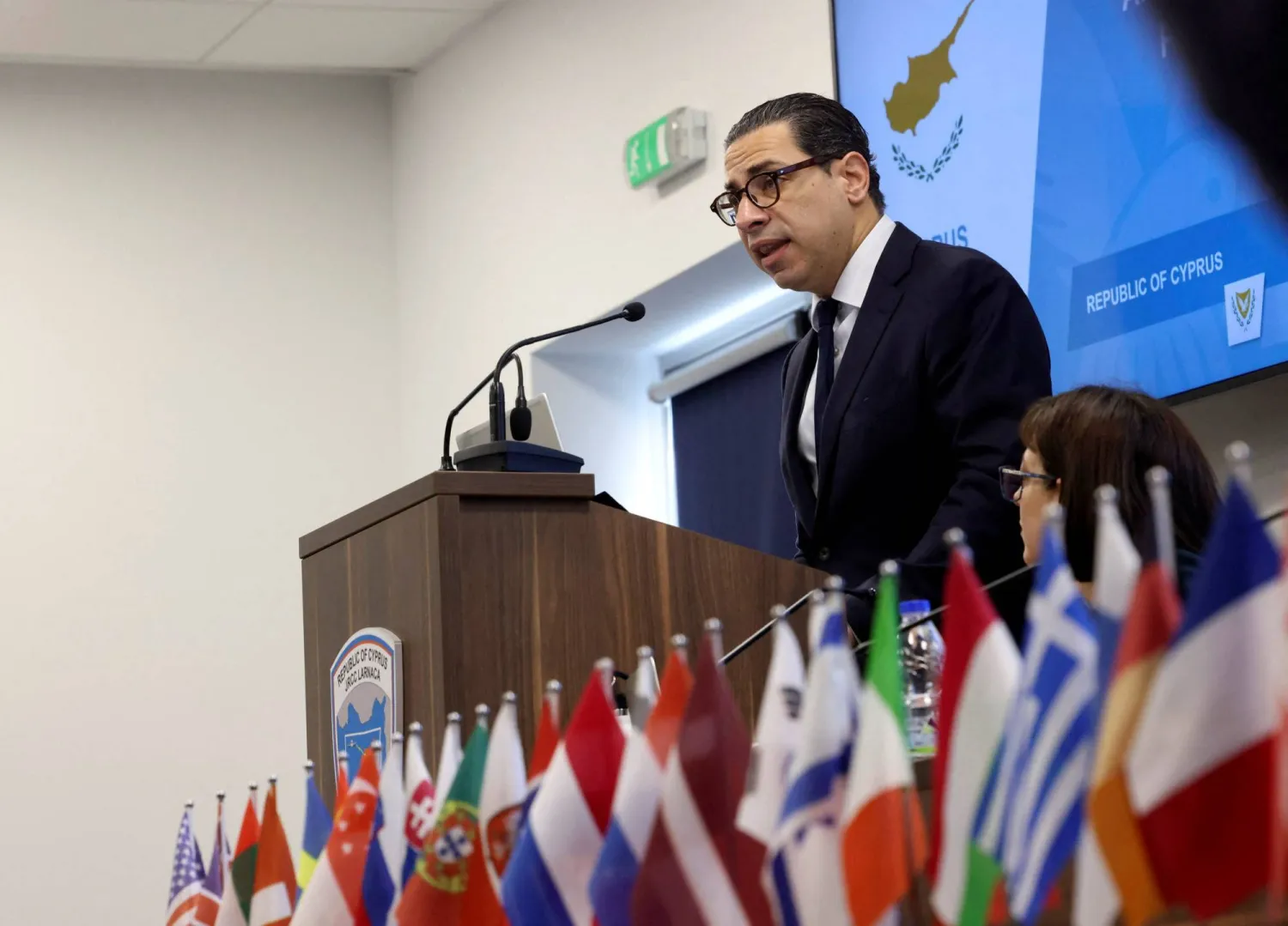 Cyprus Foreign Minister Constantinos Kombos speaks during a meeting for Cyprus Maritime Corridor to Gaza at the Zenon Coordination Center in Larnaca, Cyprus March 21, 2024. Stavros Ioannides/PIO/Handout via REUTERS