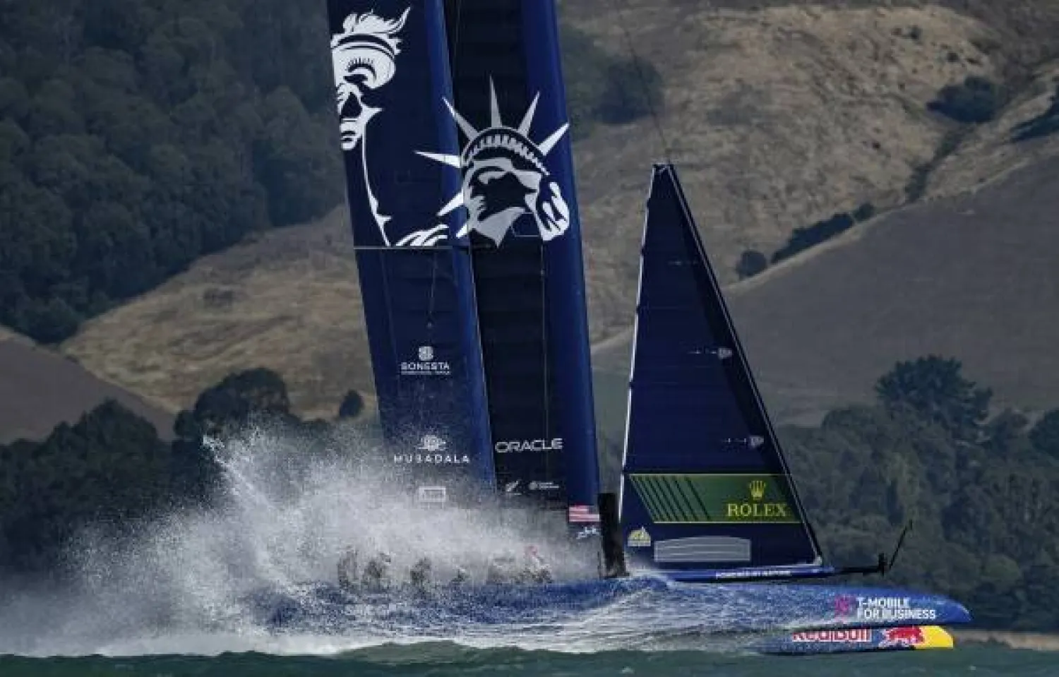 USA SailGP Team helmed by David Canfield in action during a practice session ahead of the ITM New Zealand Sail Grand Prix in Christchurch, New Zealand, Thursday, March 21, 2024. (Ricardo Pinto /SailGP via AP)