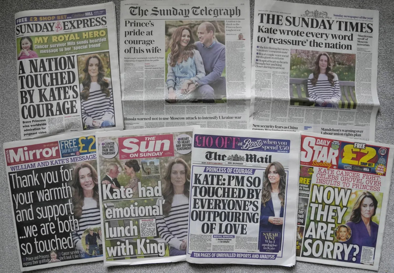 A montage of the front pages of some of Britain's Sunday newspapers pictured in London, Sunday, March 24, 2024. (AP Photo/Alastair Grant)