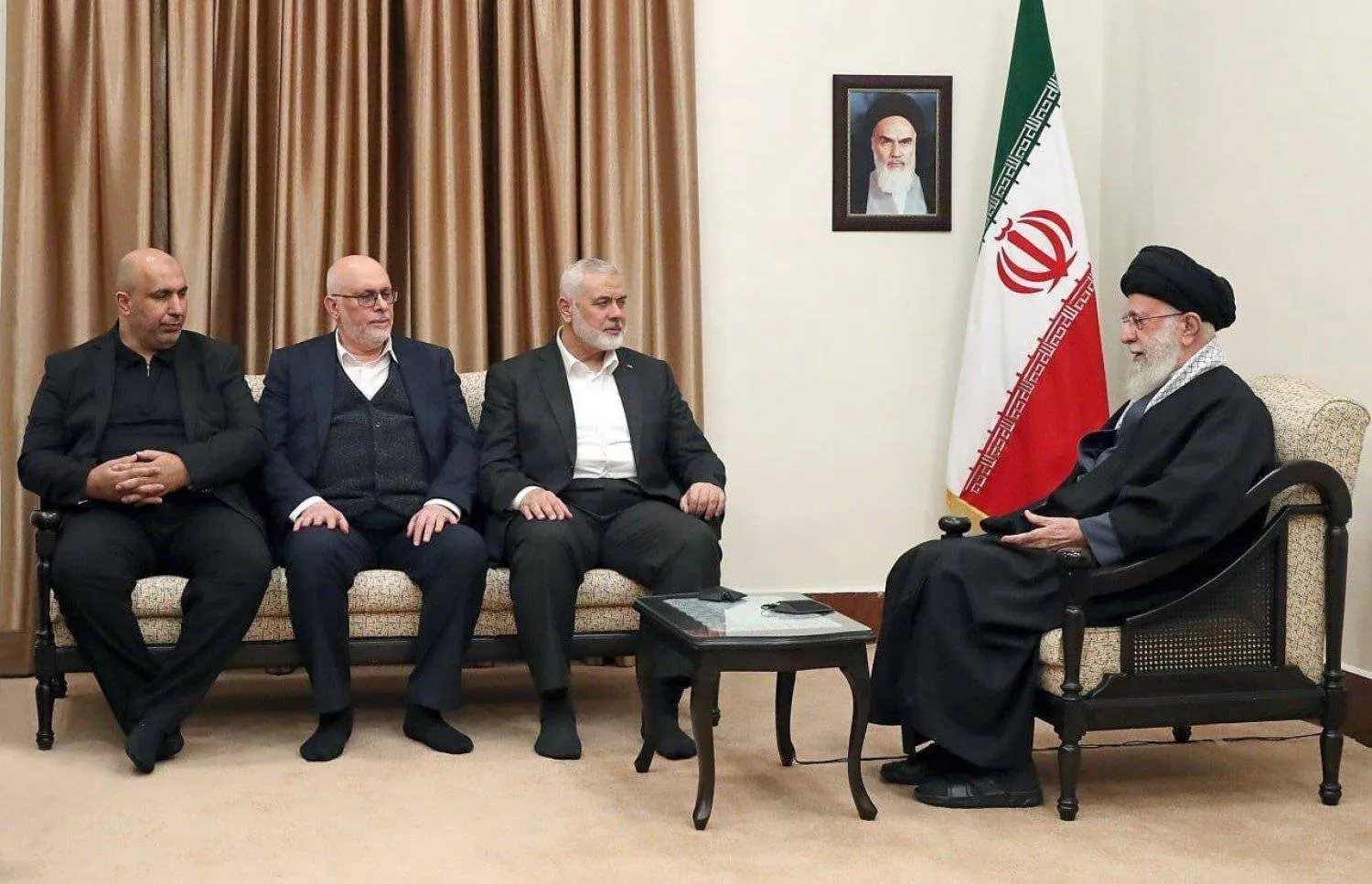 Iranian supreme leader Ali Khamenei meets with Haniyeh and his accompanying delegation in Tehran. (IRNA)