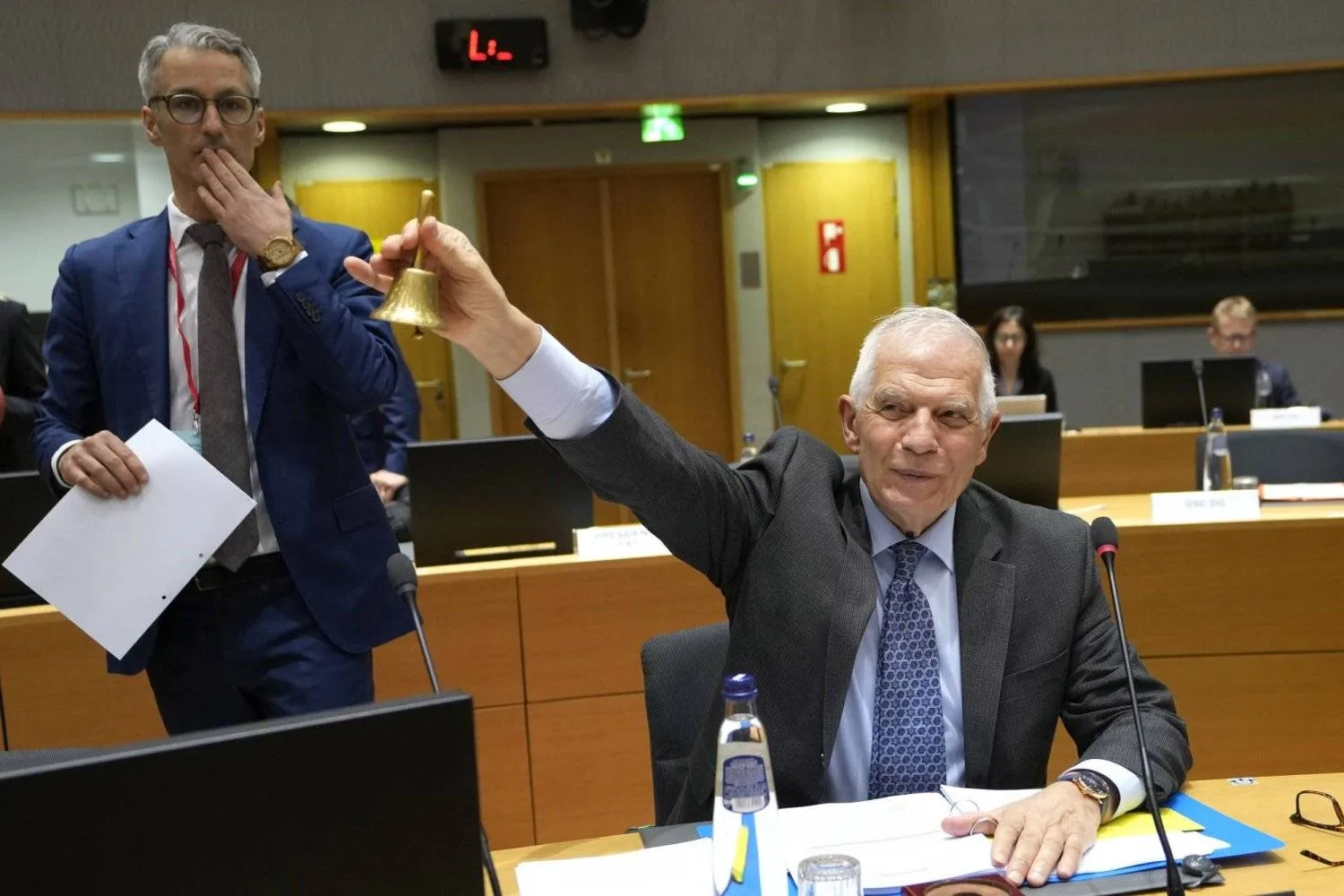European Union foreign policy chief Josep Borrell rings a bell to signify the start of a meeting of EU foreign ministers at the European Council building in Brussels, Monday, March 18, 2024. (AP Photo/Virginia Mayo)
