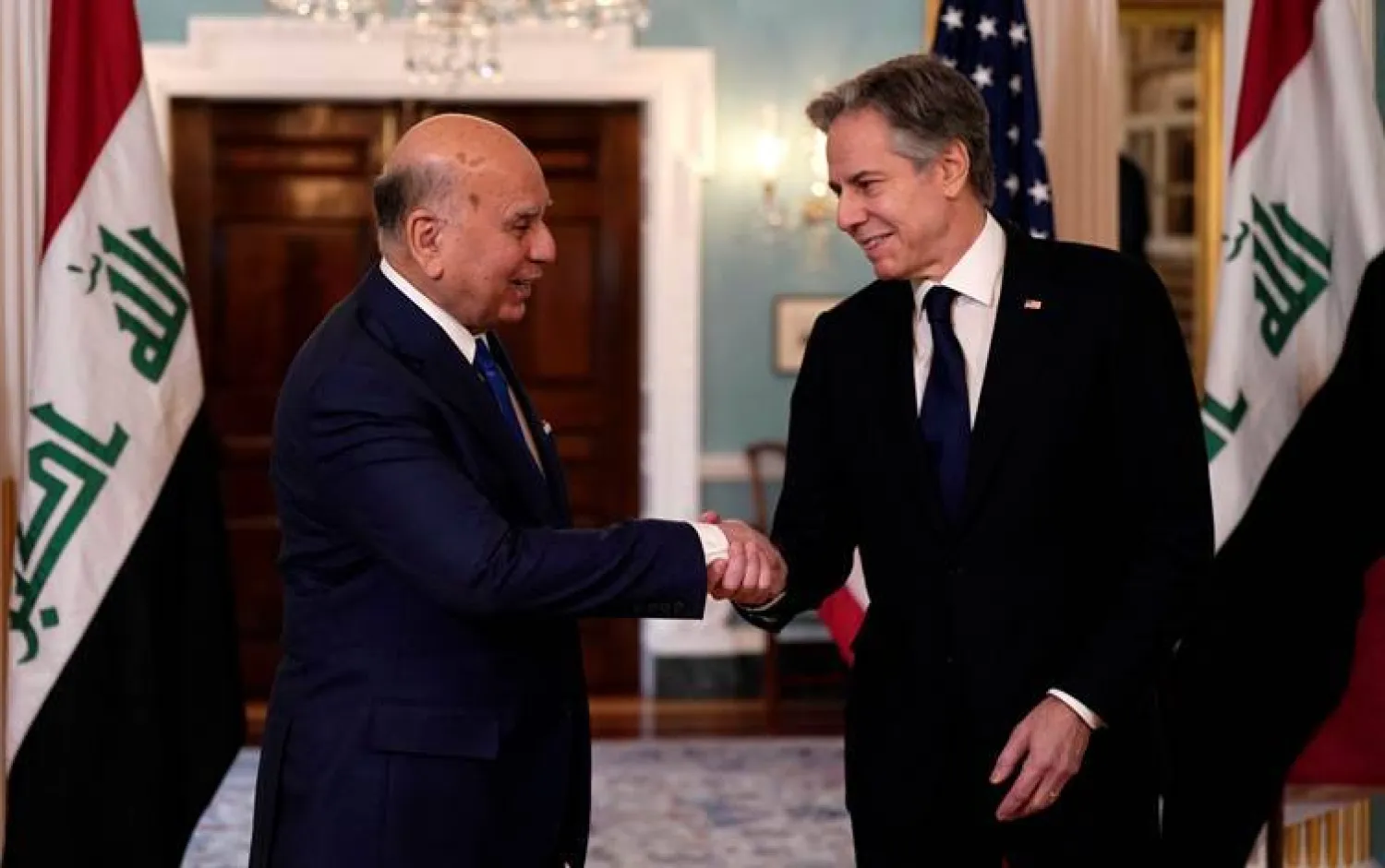 وزير الخارجية العراقي فؤاد حسين  خلال لقائه وزير الخارجية الأميركي أنتوني بلينكن