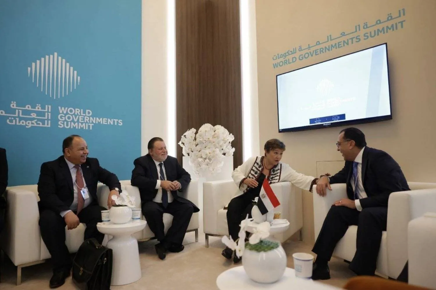 Director of the International Monetary Fund Kristalina Georgieva speaks meets with Egypt’s Prime Minister Mostafa Madbouly in the presence of the Governor of the Central Bank and Minister of Finance. (IMF Director on X) 