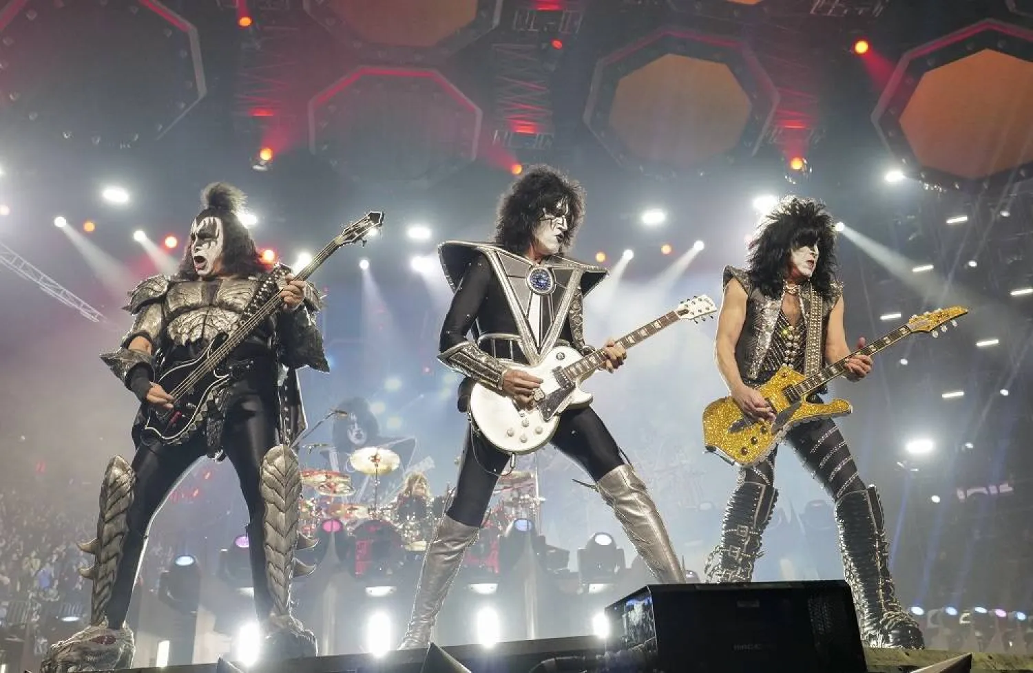 Gene Simmons, from left, Tommy Thayer, and Paul Stanley of KISS perform during the final night of the "Kiss Farewell Tour" at Madison Square Garden in New York on Dec. 2, 2023.  (AP)