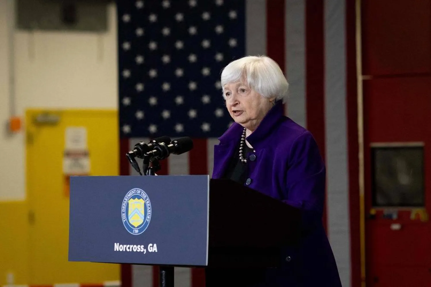 US Treasury Secretary Janet Yellen speaks during a visit to solar cell company Suniva in Norcross, Georgia, on March 27, 2024. (AFP)