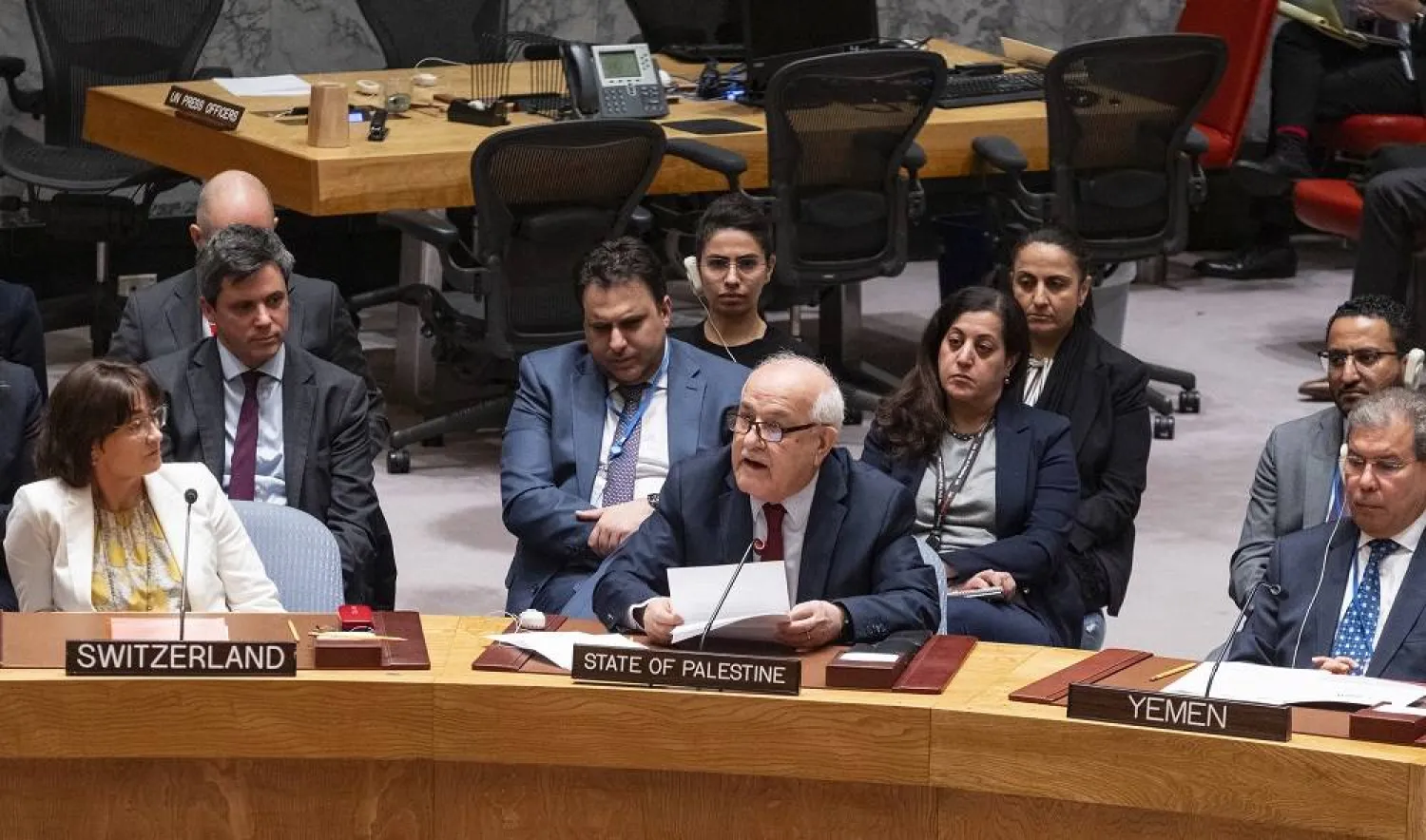 Palestinian Ambassador to the United Nations Riyad Mansour addresses United Nations Security Council at UN headquarters, Monday, March 25, 2024, after a vote that passed a ceasefire resolution in Gaza during the Muslim holy month of Ramadan, its first demand to halt fighting. (AP)