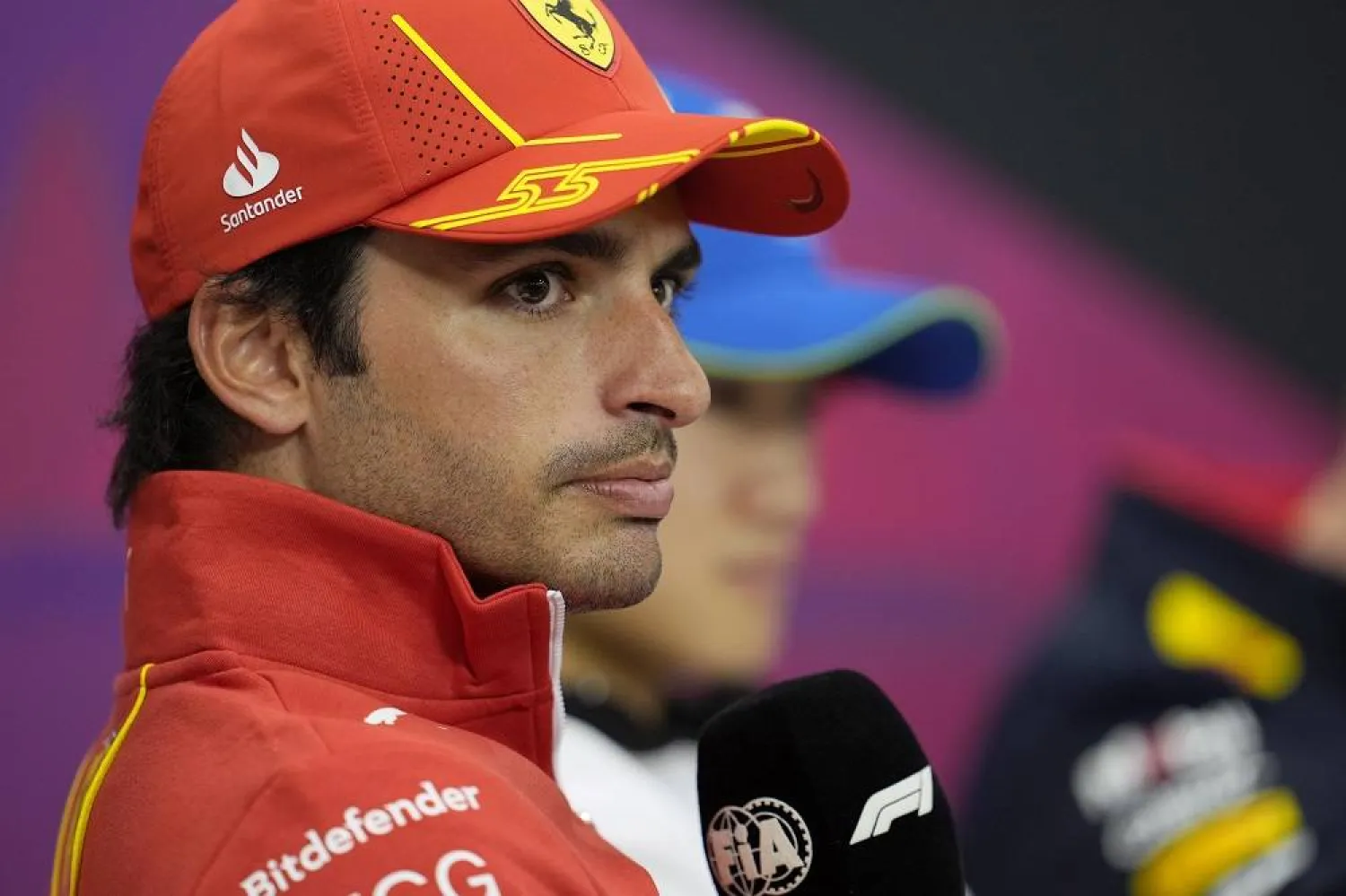 Scuderia Ferrari driver Carlos Sainz Jr. of Spain attends a press conference at the Suzuka International Racing Course in Suzuka, Japan, 04 April 2024. (EPA)