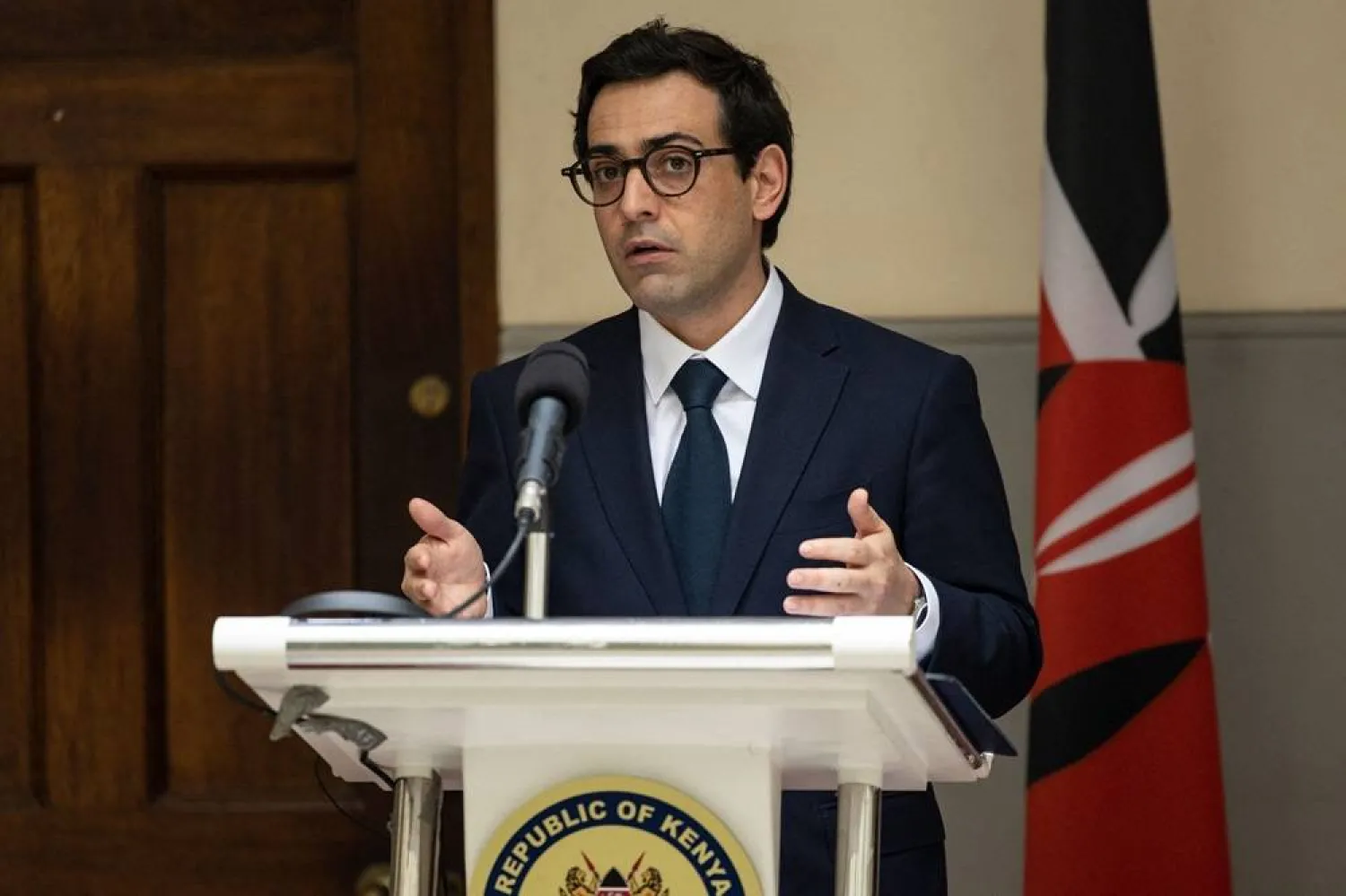 French Minister for Europe and Foreign Affairs Stephane Sejourne gestures during a joint press briefing with the Prime Cabinet Secretary and Cabinet Secretary for foreign and diaspora affairs, Musalia Mudavadi (not in the picture) at his office in Nairobi, on April 6, 2024. (AFP)