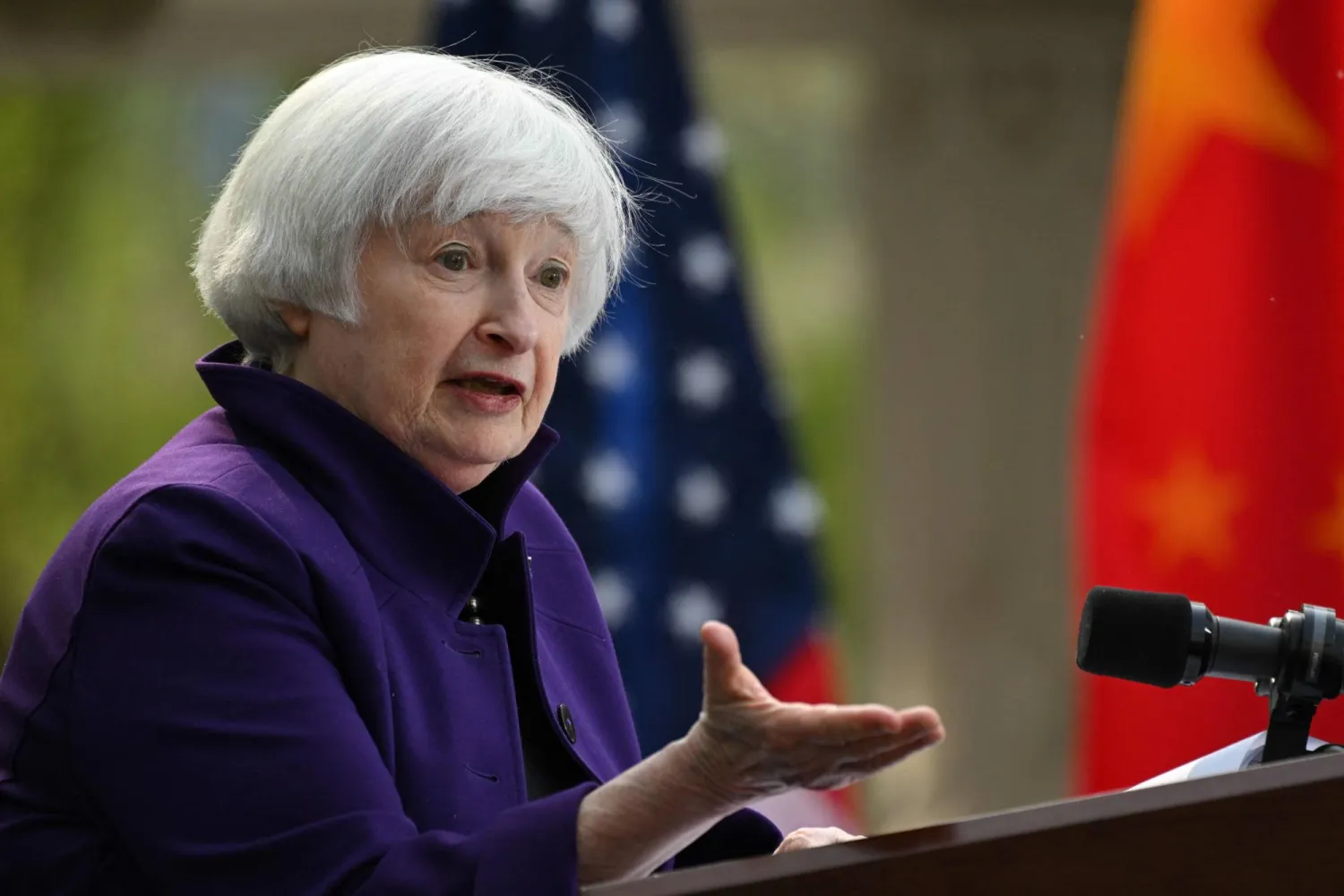 US Treasury Secretary Janet Yellen attends a press conference at the US Ambassador's residence in Beijing on April 8, 2024. (Photo by Pedro Pardo / AFP)