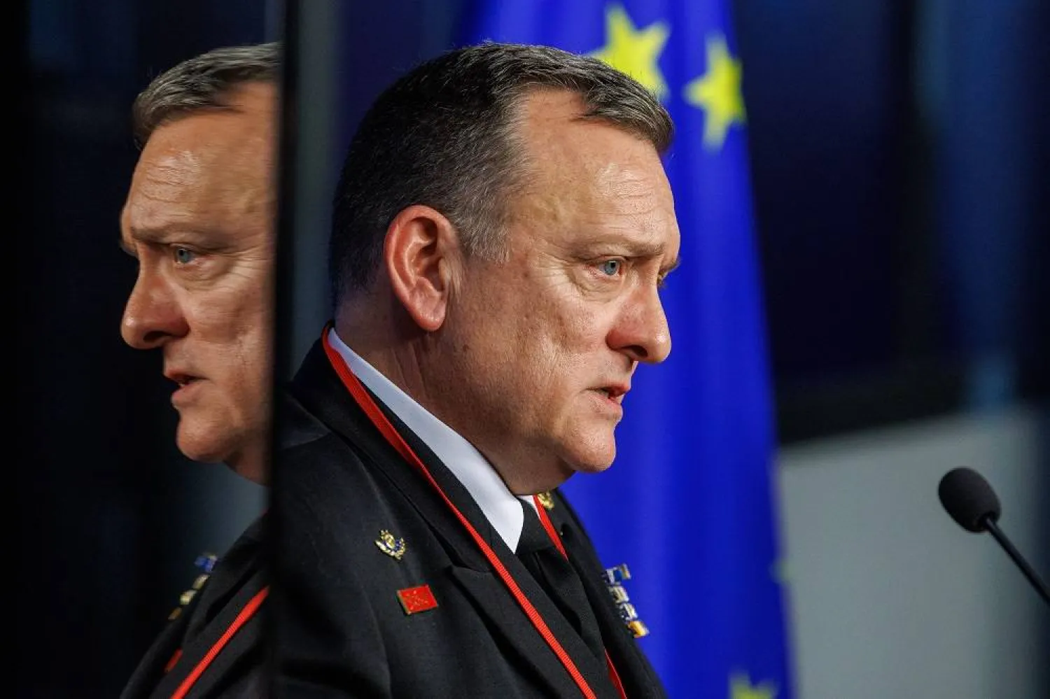 Aspides Operation Commander Rear Admiral Vasileios Gryparis speaks to the press with the high representative of the European Union for foreign affairs and security policy about the EU naval mission Aspides in the Red Sea in Brussels, Belgium, 08 April 2024. (EPA) 