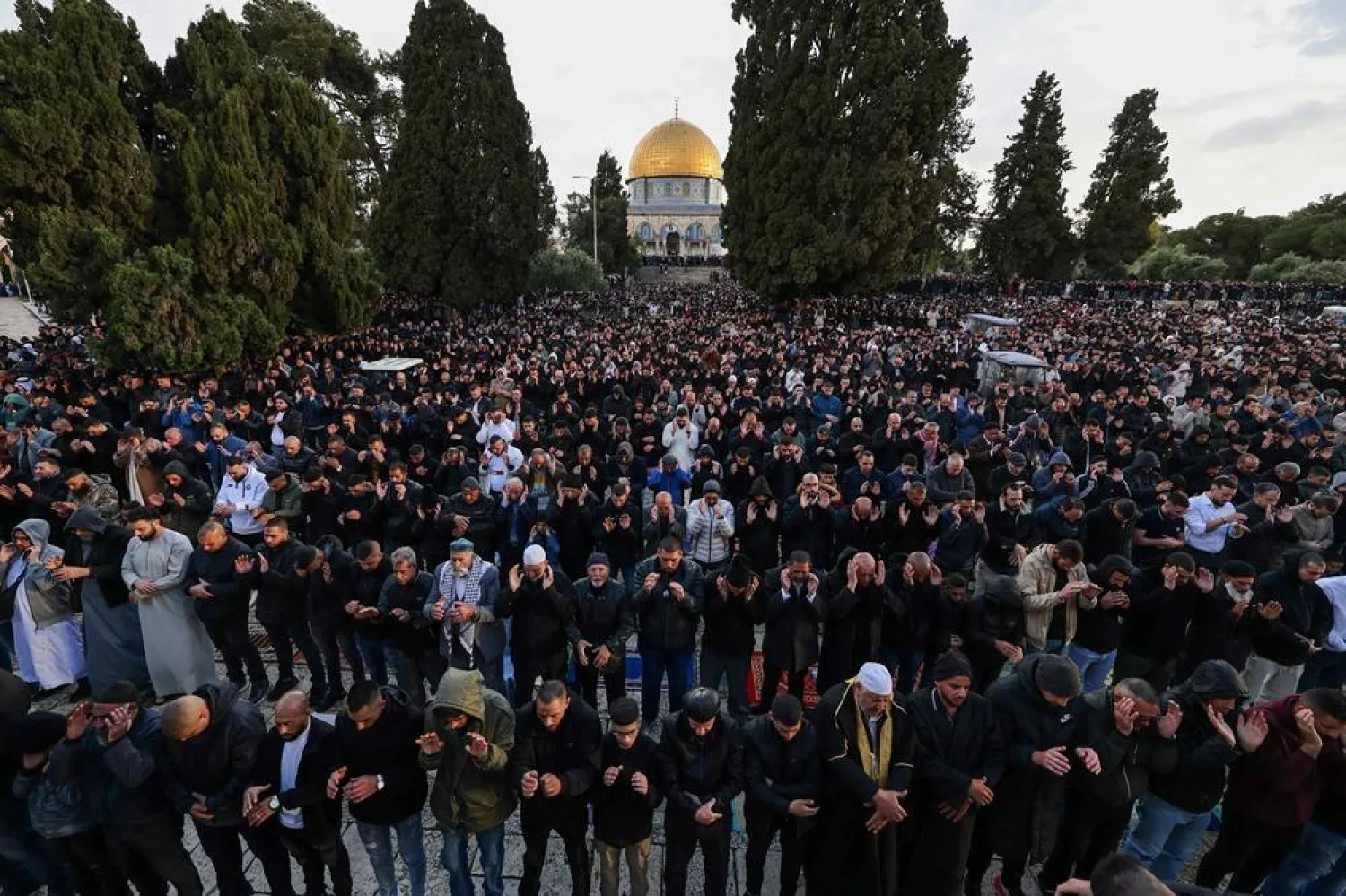 Muslims perform the Eid al-Fitr prayer at the Al-Aqsa Mosque compound in Jerusalem on April 10, 2024. (AFP) 