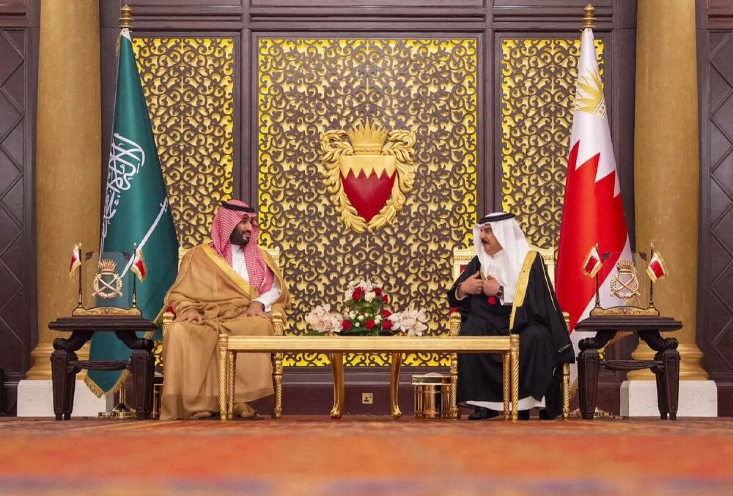 Prince Mohammed bin Salman bin Abdulaziz Al-Saud, Crown Prince and Prime Minister of Saudi Arabia, meets with Bahrain’s King Hamad bin Isa Al Khalifa in this file photo. (AFP)