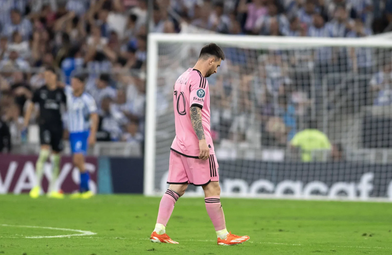 Lionel Messi of Inter Miami reacts during a CONCACAF Champions Cup quarter final soccer match between Rayados de Monterrey and Inter Miami in Monterrey, Mexico, 10 April 2024.  EPA/Miguel Sierra