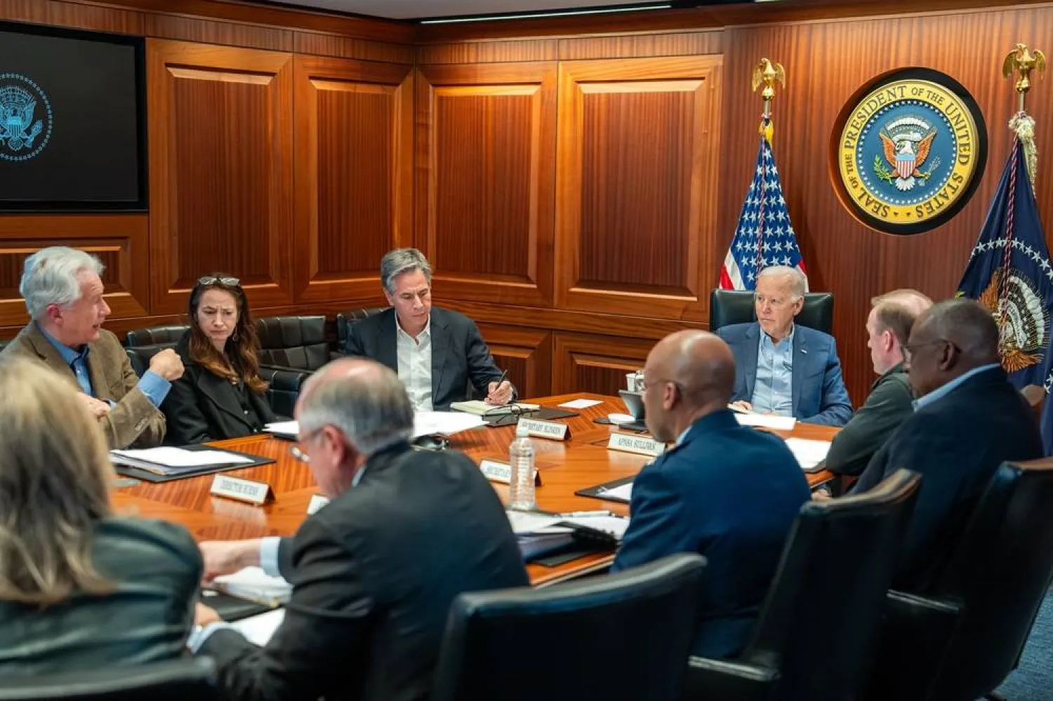 A handout photo made available by the White House Photo Office shows US President Joe Biden meeting with members of the National Security Council regarding the unfolding missile attacks on Israel in the Situation Room of the White House in Washington, DC, USA, 13 April 2024. (EPA) 