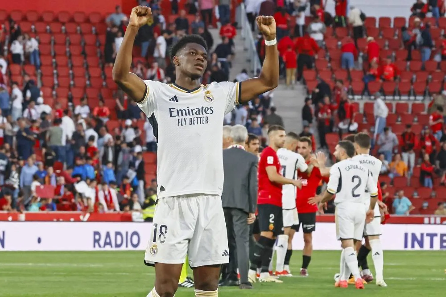 Real Madrid's Aurelien Tchouameni celebrates winning the Spanish LaLiga soccer match between RCD Mallorca and Real Madrid, in Palma de Mallorca, Spain, 13 April 2024. (EPA)