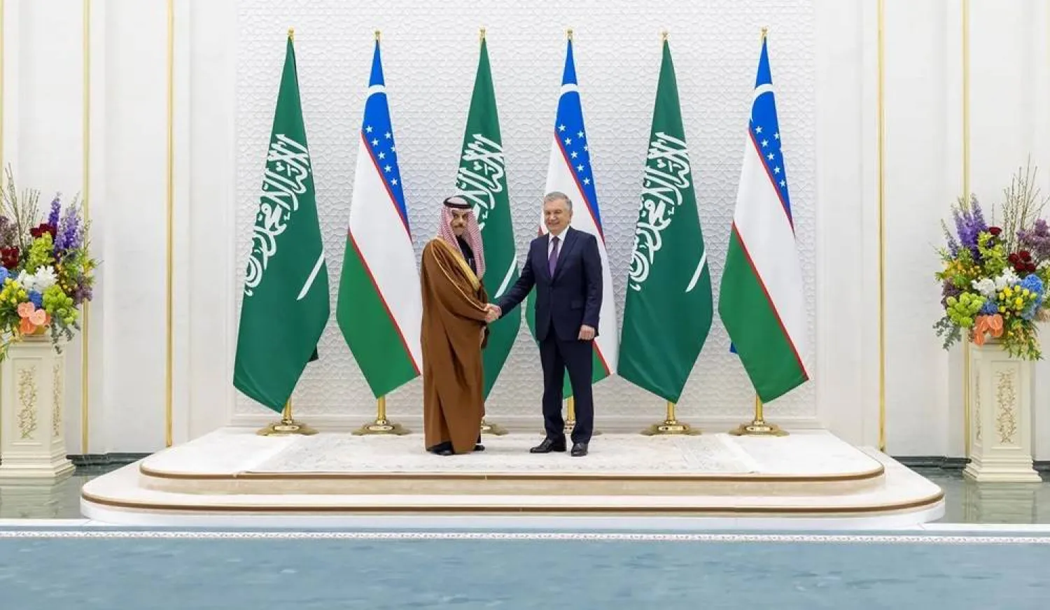 President of Uzbekistan Shavkat Mirziyoyev receives Saudi Minister of Foreign Affairs Prince Faisal bin Farhan bin Abdullah in Tashkent on Monday. (SPA)