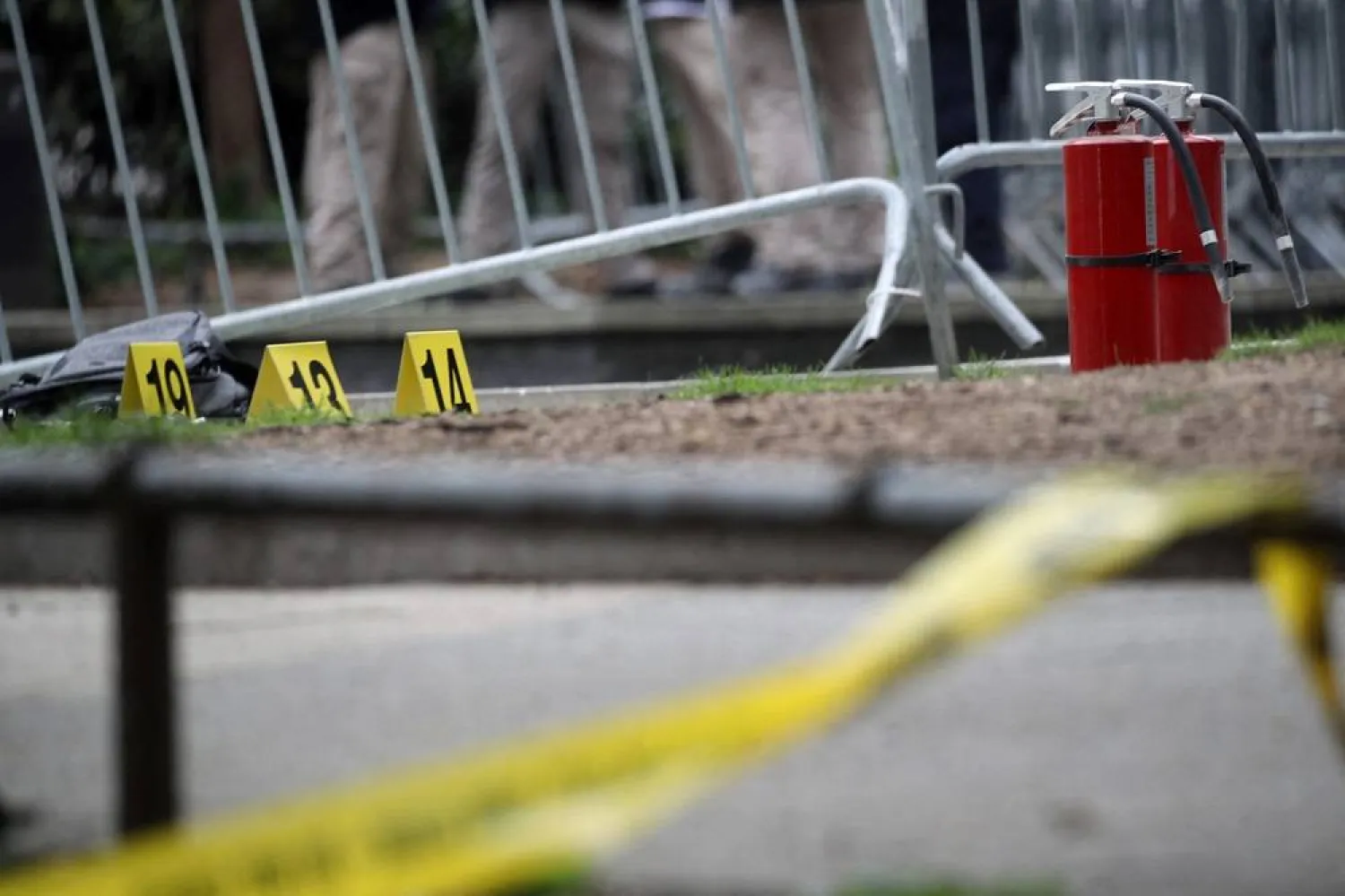 A fire extinguisher sits in a park outside of Manhattan Criminal Court where a man set himself on fire Friday afternoon on April 19, 2024 in New York City. (Getty Images/AFP)