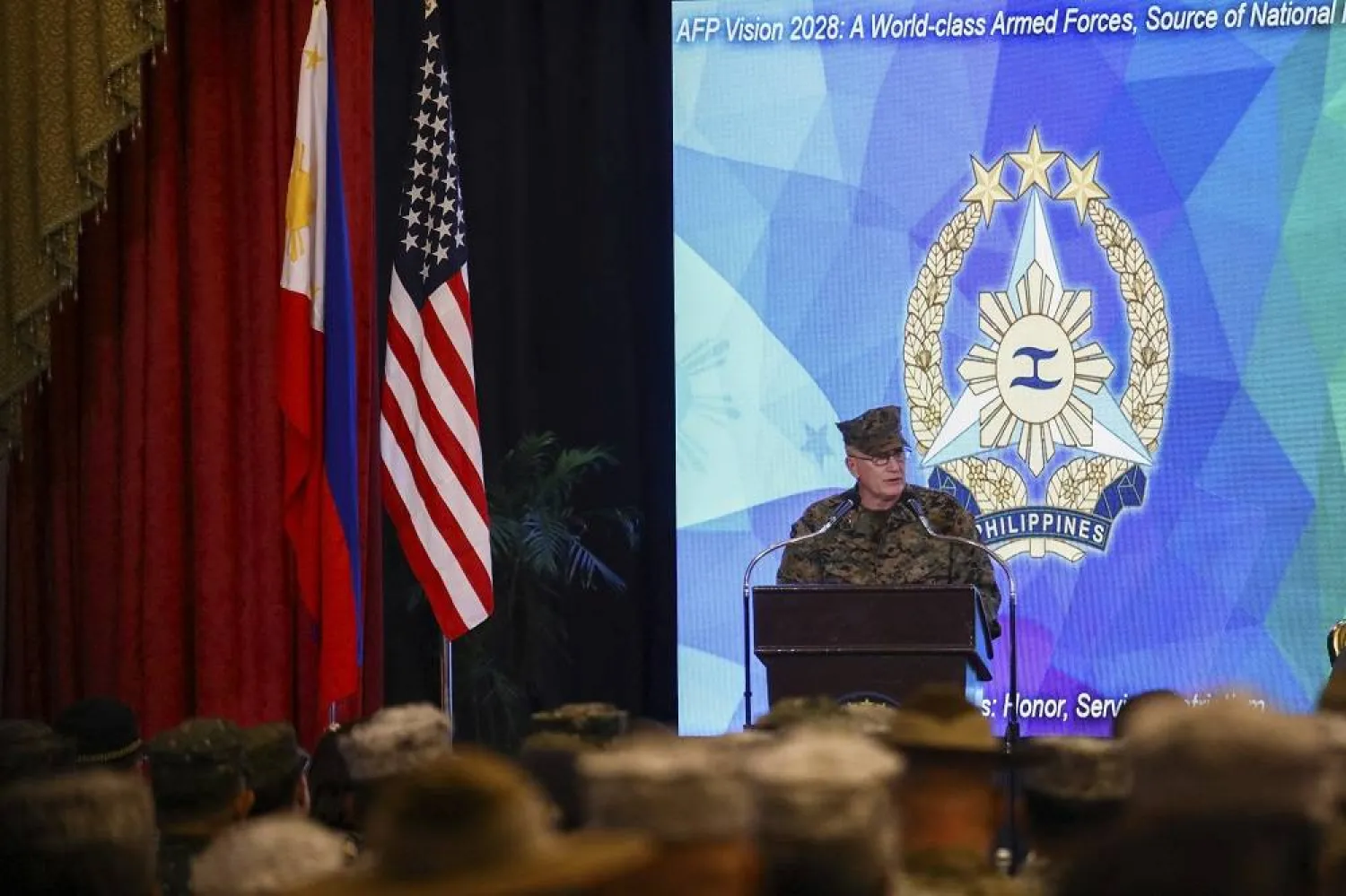 US Marine Corps Lieutenant General William Jurney, US Exercise Director speaks during the opening ceremonies of the "Balikatan" or Shoulder-to-Shoulder at Camp Aguinaldo military headquarters in Quezon City, Philippines on Monday April 22, 2024. (AP)