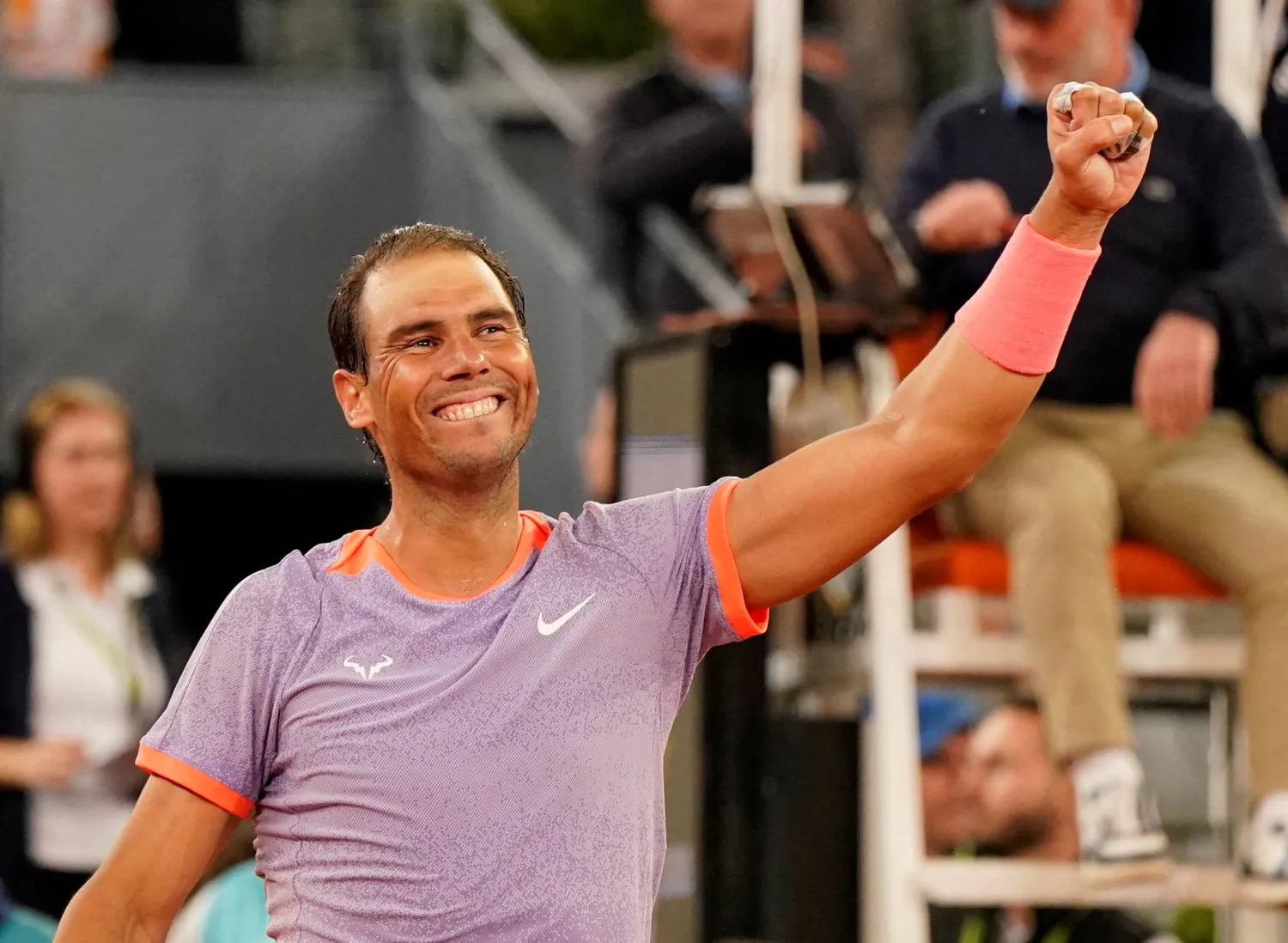 Tennis - Madrid Open - Park Manzanares, Madrid, Spain - April 27, 2024 Spain's Rafael Nadal celebrates winning his round of 64 match against Australia's Alex de Minaur REUTERS/Ana Beltran