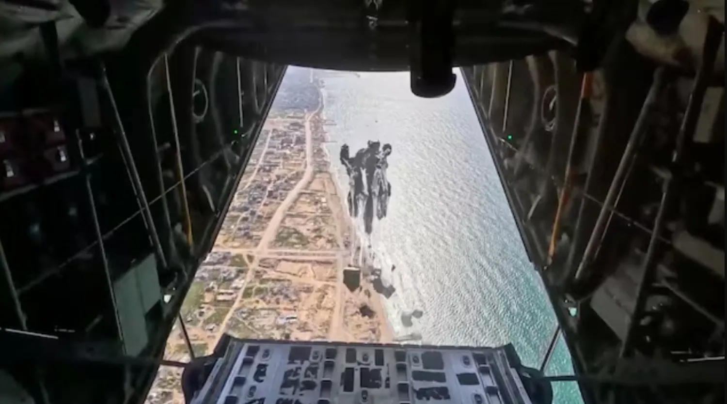 US Air Force drops humanitarian aid for Gaza residents, in this screengrab from a video released on March 5, 2024. US Central Command via X/Handout via REUTERS/File Photo Purchase Licensing Rights