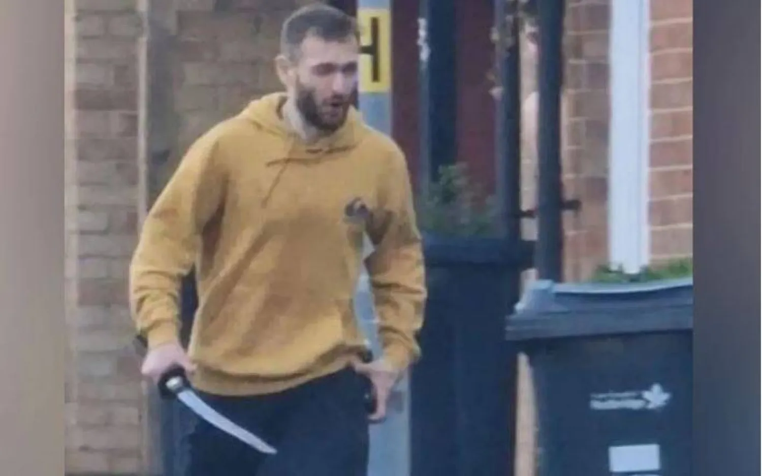 تظهر اللقطات المنشورة على وسائل التواصل الاجتماعي رجلاً يرتدي سترة صفراء ويحمل شفرة كبيرة (تلغراف)