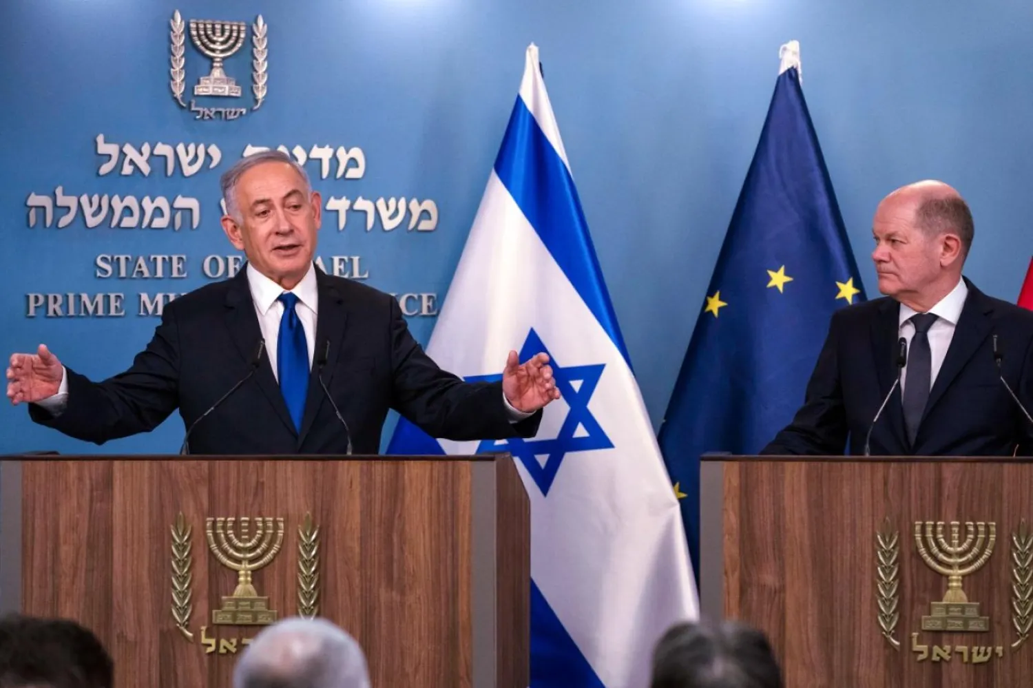 Netanyahu, Almanya Başbakanı Olaf Schulz ile Kudüs'te düzenlediği ortak basın toplantısında (AFP)