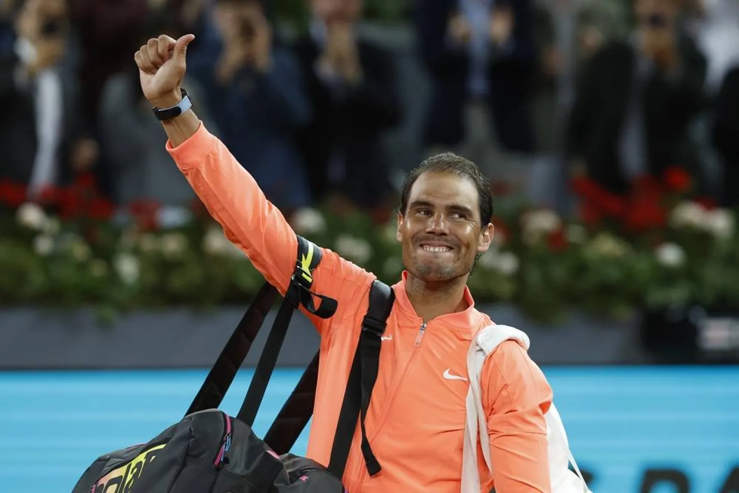 Spanish tennis player Rafa Nadal reacts after his round of 16 match against Jiri Lehecka of Czech Republic at the Madrid Open tennis tournament in Madrid, Spain, 30 April 2024. (EPA)