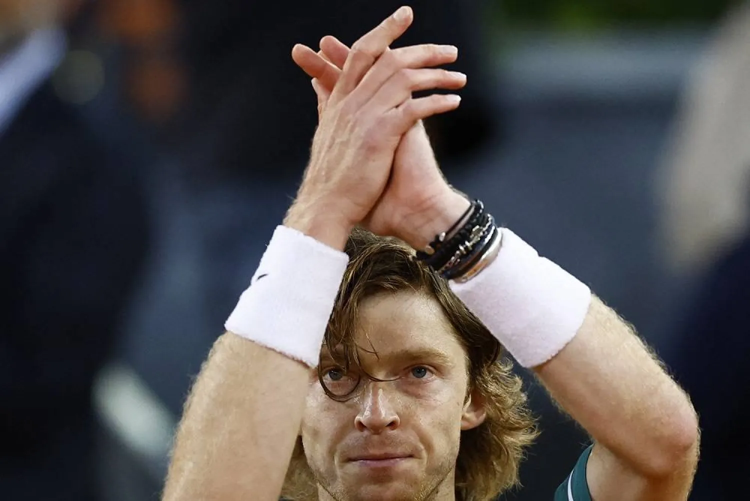 Tennis - Madrid Open - Park Manzanares, Madrid, Spain - May 1, 2024 Russia's Andrey Rublev celebrates winning his quarter final match against Spain's Carlos Alcaraz. (Reuters)