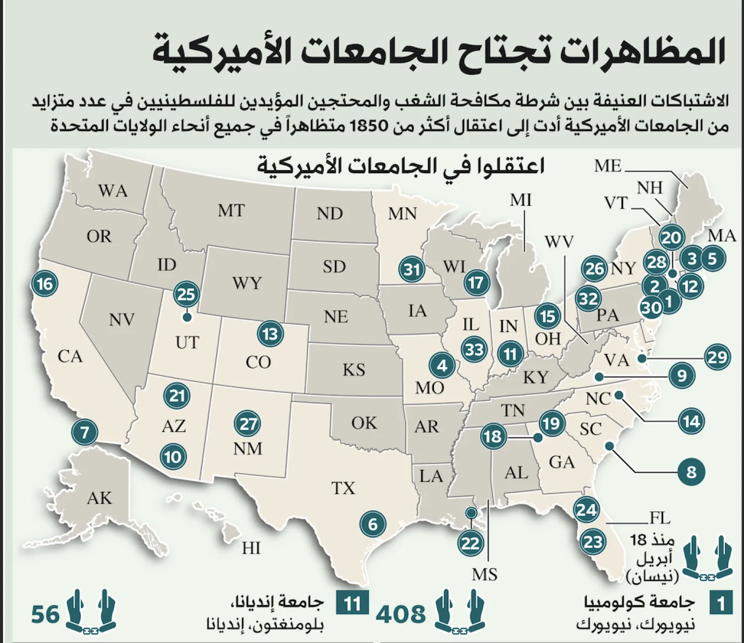 إنفوغراف... المظاهرات تجتاح الجامعات الأميركية