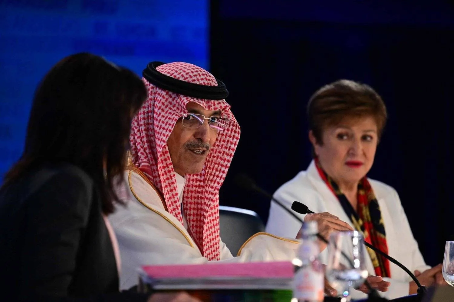 Finance Minister Mohammed Al-Jadaan and Director General of the International Monetary Fund Kristalina Georgieva during a joint press conference in Washington (AFP)