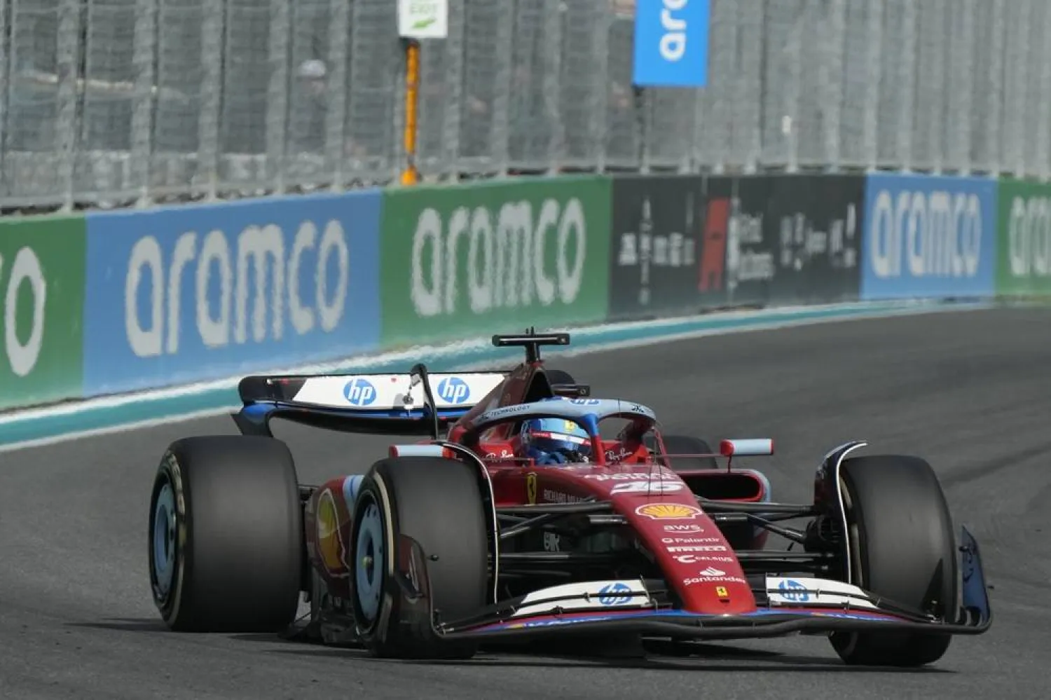  Ferrari driver Charles Leclerc, of Monaco, steers into a turn during the Formula One Miami Grand Prix auto race Sunday, May 5, 2024, in Miami Gardens, Fla. (AP)