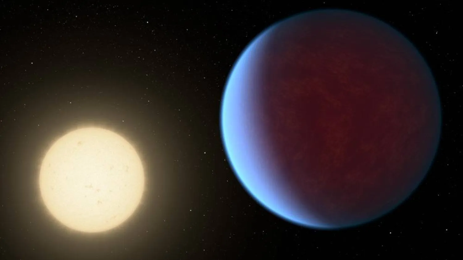 This illustration provided by NASA in 2017 depicts the planet 55 Cancri e, right, orbiting its star. (NASA/JPL-Caltech via AP) 