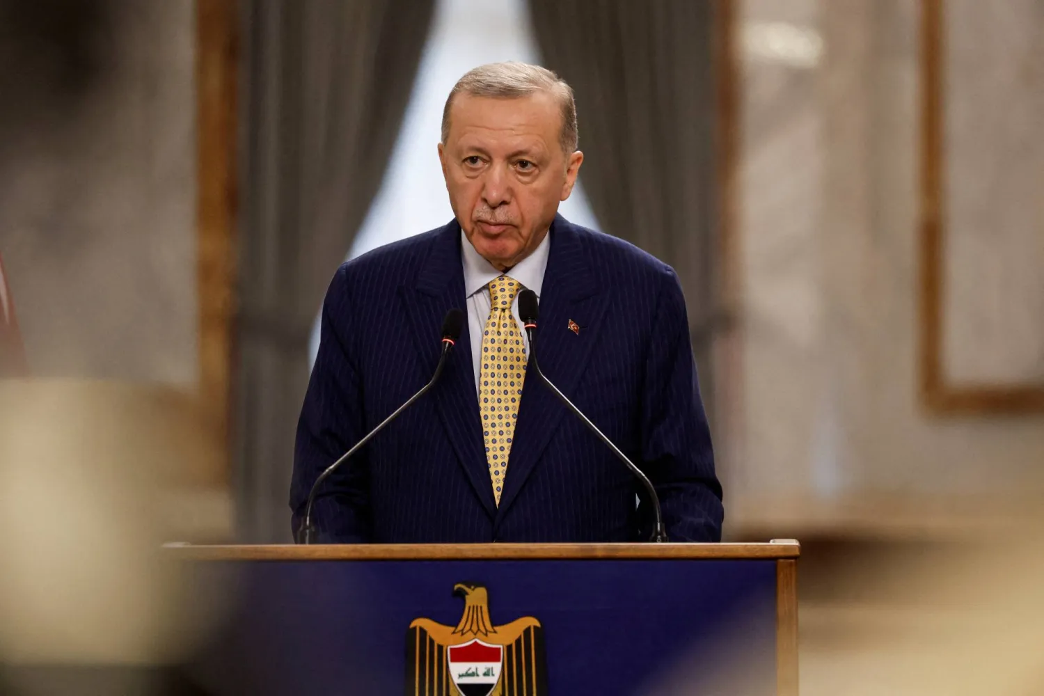 FILE PHOTO: Turkish President Recep Tayyip Erdogan attends a press conference during his visit, in Baghdad, Iraq April 22, 2024. REUTERS/Thaier Al-Sudani/Pool/File Photo