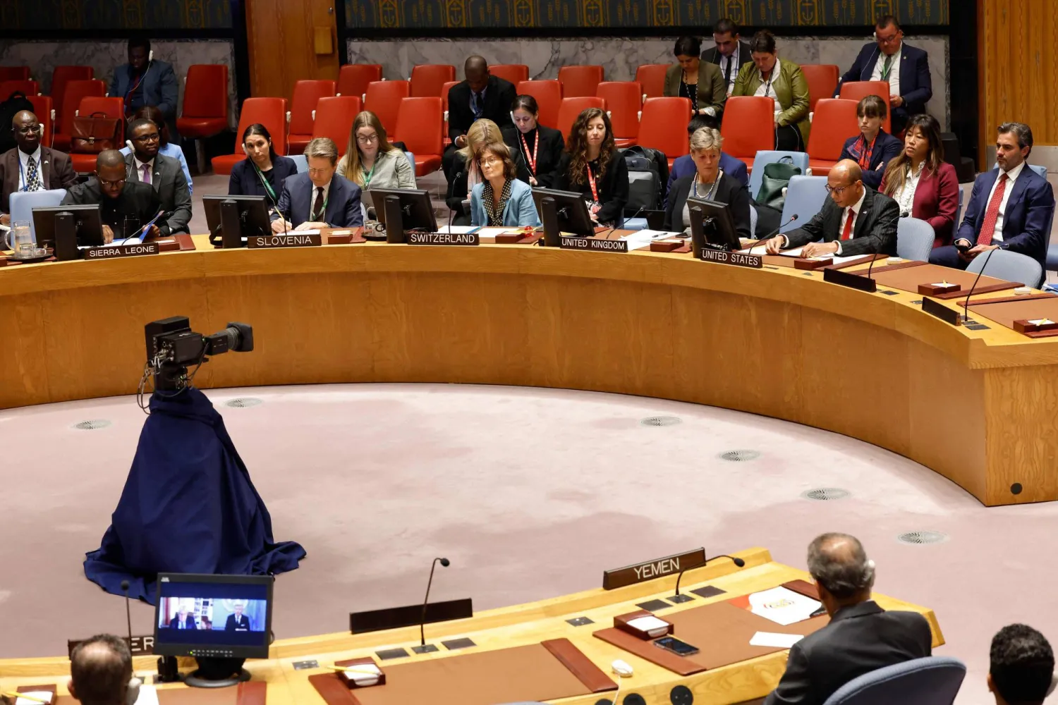 NEW YORK, NEW YORK - MAY 13: Members of the United Nations Security Council listen as Alternative Representative for Special Political Affairs Ambassador Robert Wood speaks during a meeting on the war in Gaza on at the United Nations headquarters May 13, 2024 in New York City. Michael M. Santiago/Getty Images/AFP