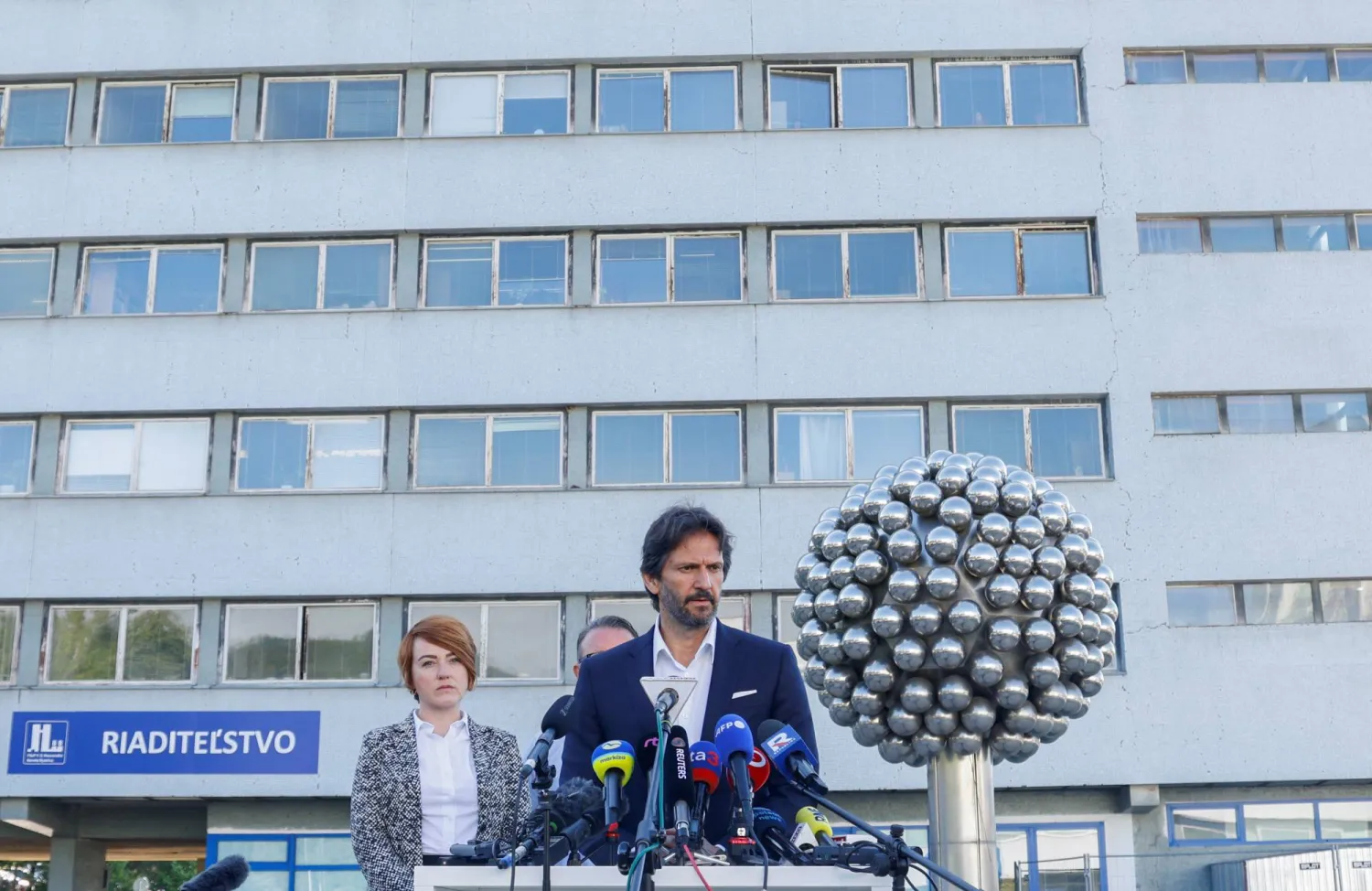 Slovak Defense Minister Robert Kalinak speaks to members of the media outside F.D. Roosevelt University Hospital where Slovak Prime Minister Robert Fico was taken after a shooting incident in Handlova, in Banska Bystrica, Slovakia, May 16, 2024. REUTERS/Leonhard Foeger