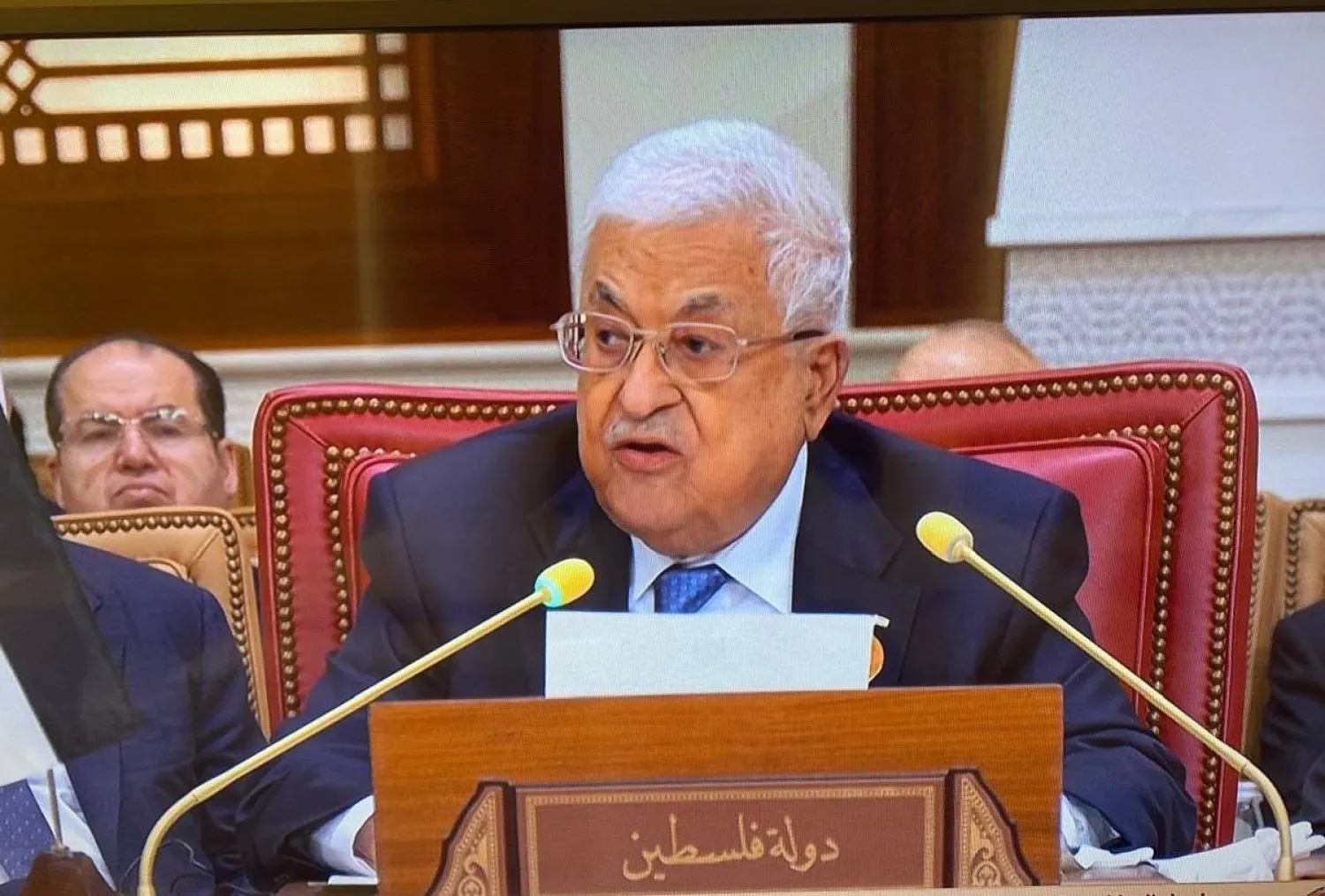 الرئيس الفلسطيني محمود عباس خلال كلمته في قمة البحرين (الشرق الأوسط)