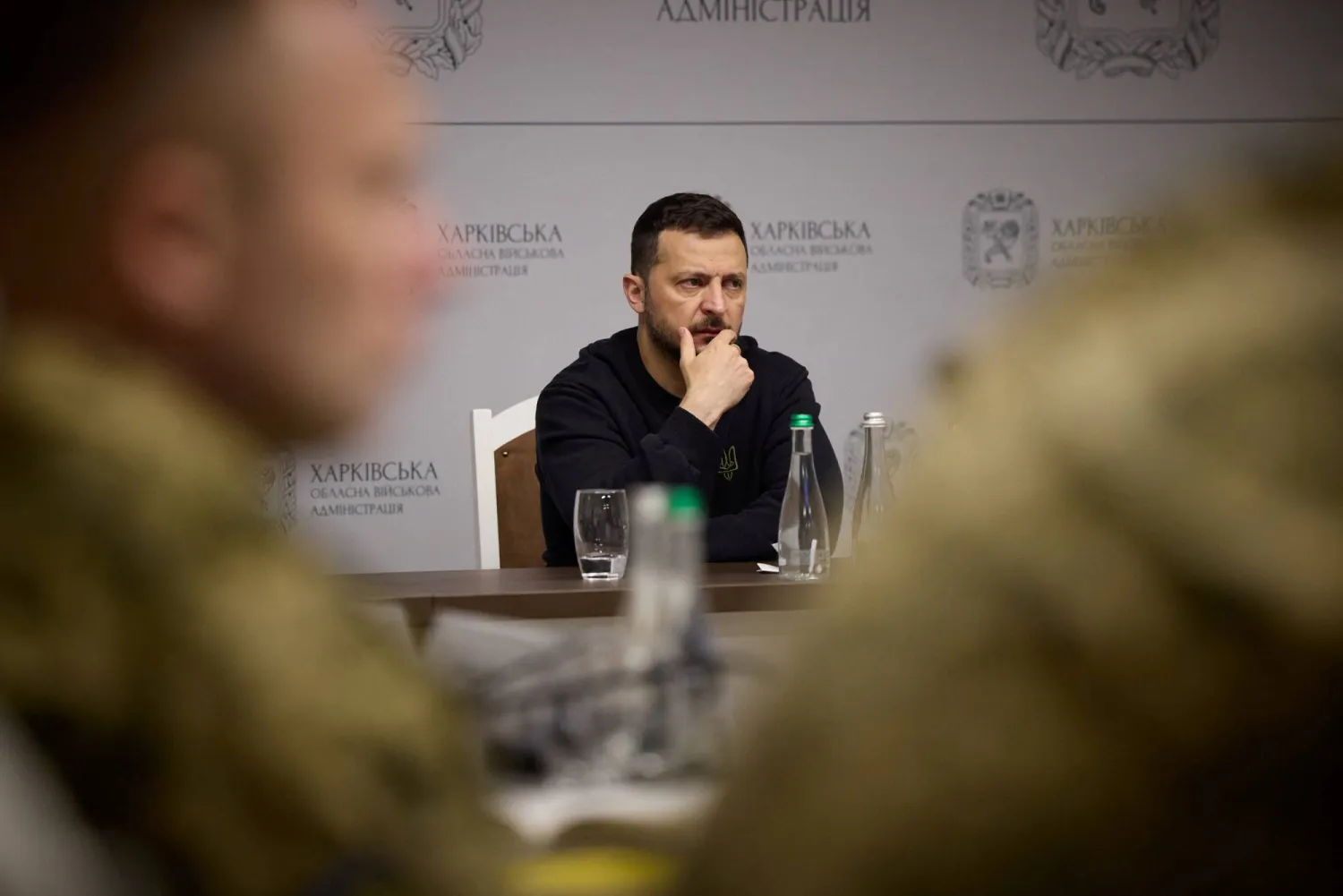 Ukraine's President Volodymyr Zelenskiy attends a meeting with top military officials as he visits Kharkiv region, amid Russia's attack on Ukraine May 16, 2024 in this handout image. Ukrainian Presidential Press Service/Handout via REUTERS