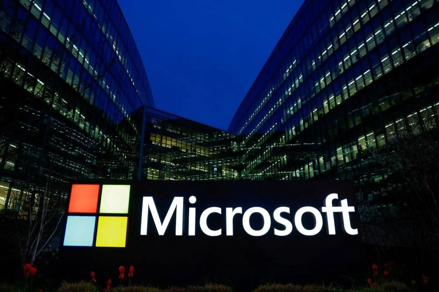 A view shows a Microsoft logo at Microsoft offices in Issy-les-Moulineaux near Paris, France, March 25, 2024. (Reuters)