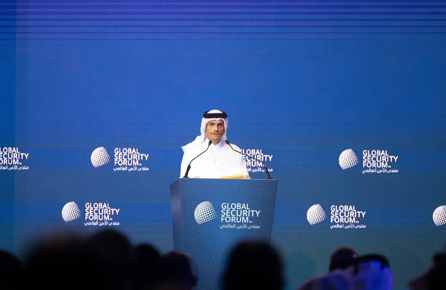 رئيس الوزراء وزير الخارجية القطري محمد بن عبد الرحمن آل ثاني في افتتاح «منتدى الأمن العالمي» في قطر يوم الاثنين (الشرق الأوسط)