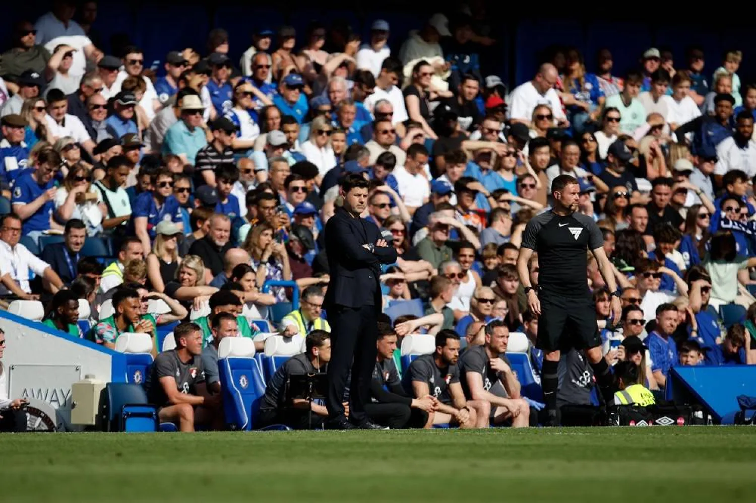 Chelsea manager Mauricio Pochettino watches from the sidelines during the English Premier League soccer match between Chelsea FC and AFC Bournemouth in London, Britain, 19 May 2024. (EPA) 