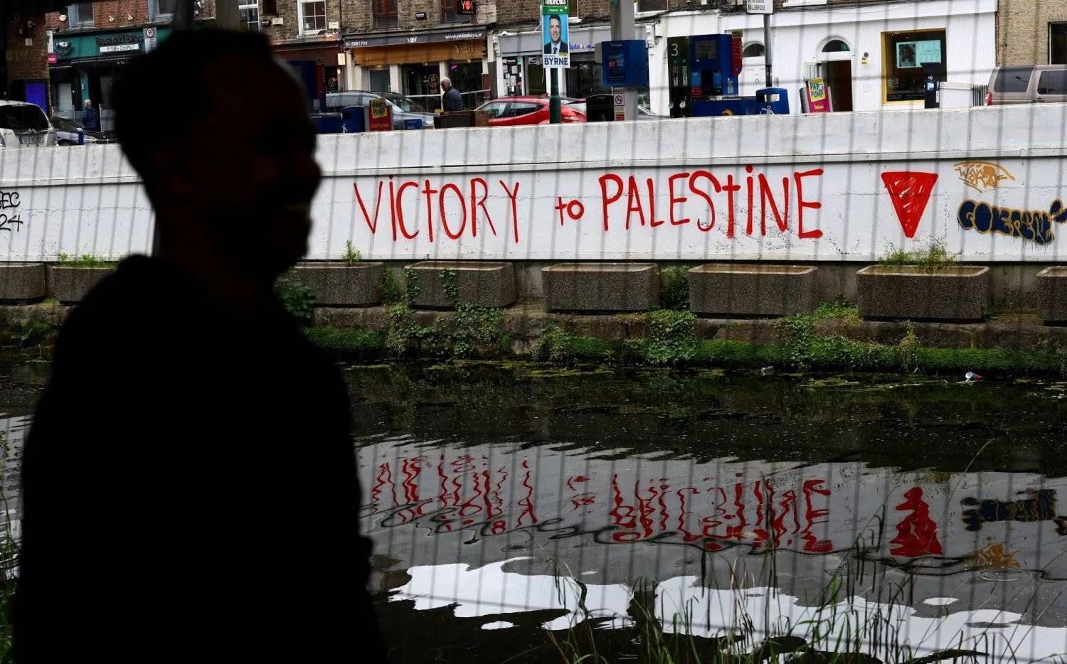 Graffiti on walls in Dublin saying “Victory for Palestine” after Ireland announced on Wednesday that it would recognize the Palestinian state (Reuters)