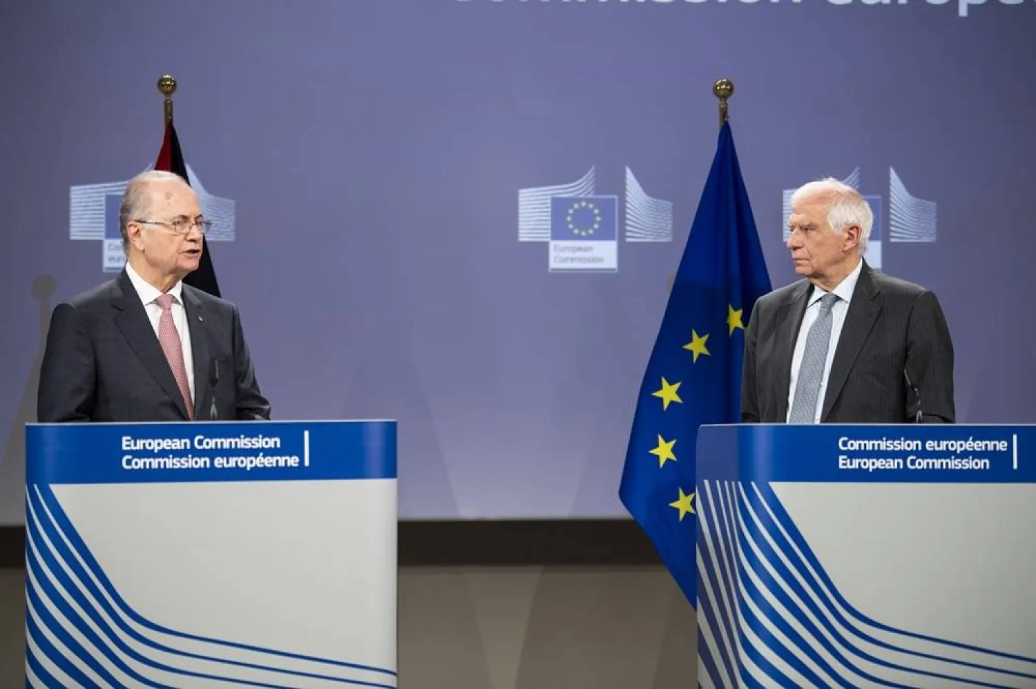 26 May 2024, Belgium, Brussels: Palestinian Prime Minister Mohammed Mustafa (L) and European Union foreign policy chief Josep Borrell speak during a press conference after the Ministerial International Partners Meeting on Palestine. (Lukasz Kobus/European Commission/dpa) 
