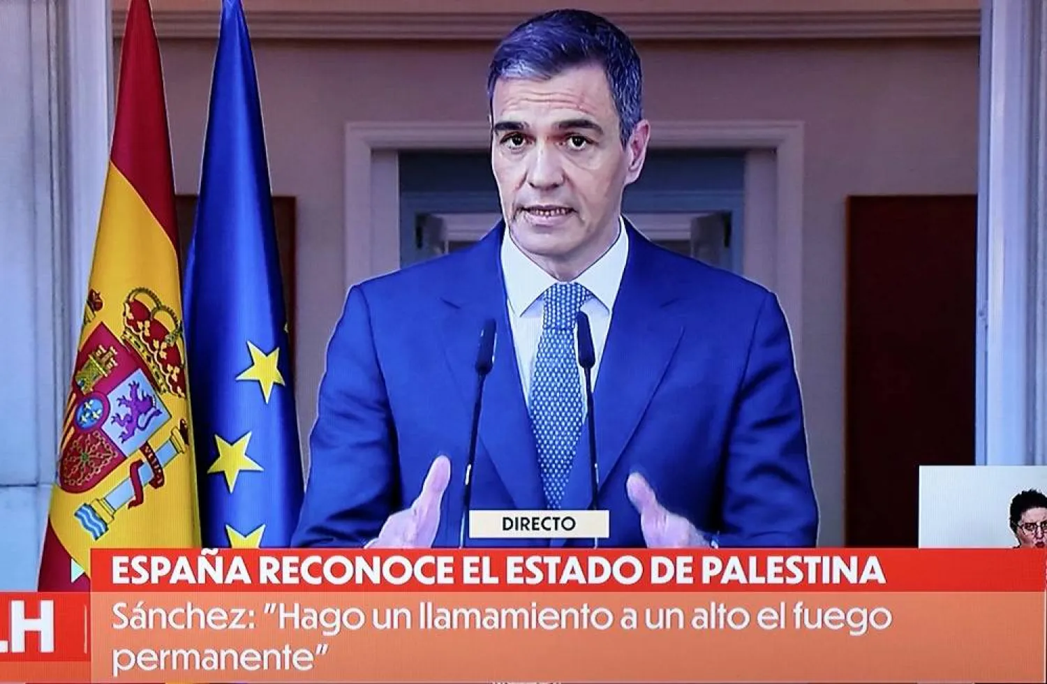 Spain's Prime Minister Pedro Sánchez is pictured as he delivers a speech on TV over the recognition of Palestinian statehood by Spain, in Madrid on May 28, 2024. (AFP)