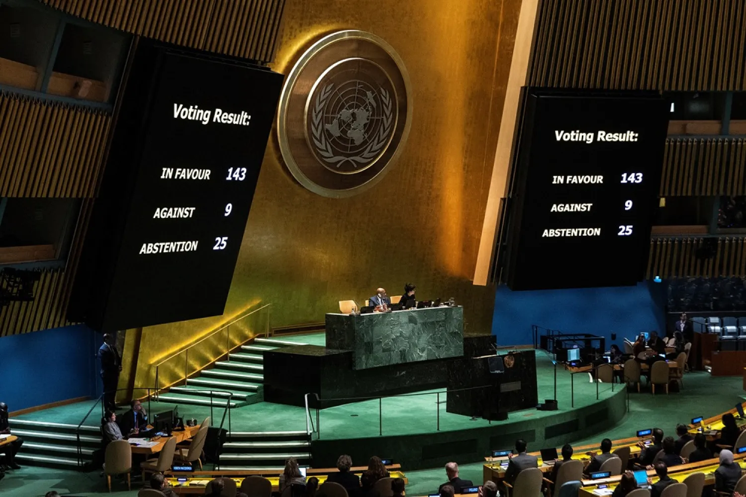 Screens show the voting result during the United Nations General Assembly vote on a draft resolution that would recognize the Palestinians as qualified to become a full UN member, in New York City, US May 10, 2024. (Reuters) 