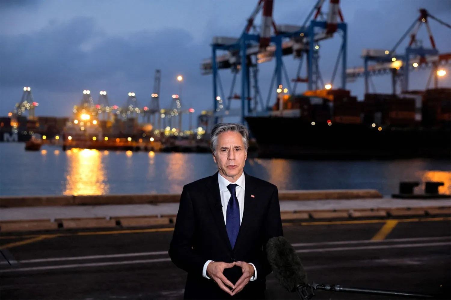 US Secretary of State Antony Blinken speaks to the press at the port of Ashdod in southern Israel on May 1, 2024. (AFP) 