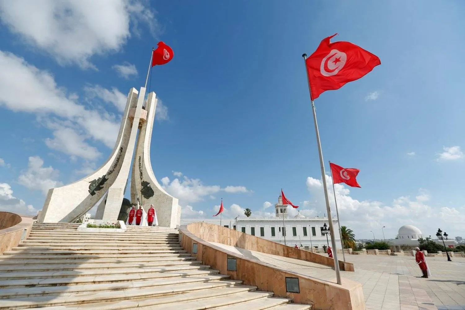 Members of the honor guard stand at attention during a flag-raising in place of Kasba in Tunis, Tunisia, June 26, 2018. REUTERS/Zoubeir Souissi
