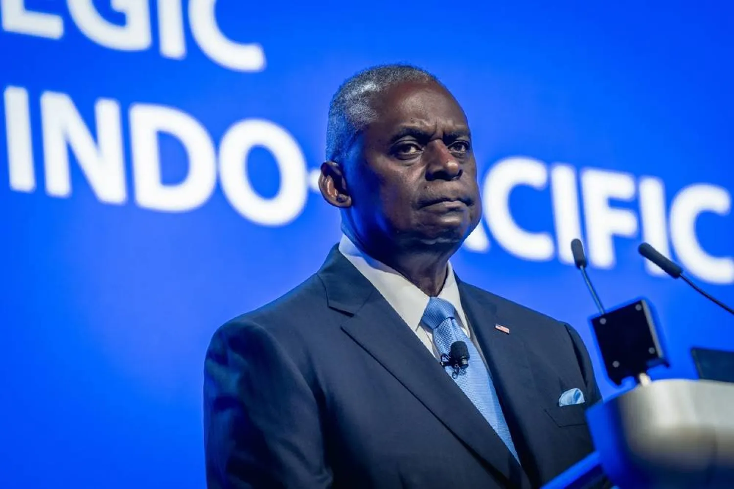 A handout photo made available by the US Department of Defense (DoD) shows US Secretary of Defense Lloyd Austin delivering his speech at a plenary session of the International Institute for Strategic Studies (IISS) 21st Shangri-La Dialogue in Singapore, 01 June 2024. EPA/Chad J. McNeeley/ US Department of Defense (DoD) Handout 