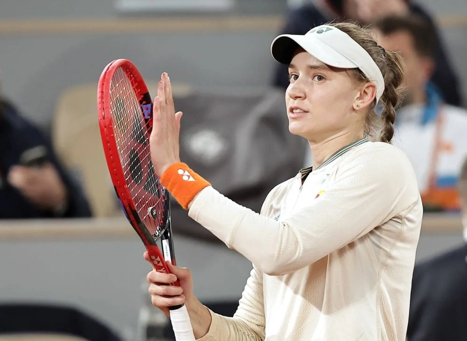 Elena Rybakina of Kazakhstan reacts after winning her Women's Singles 3rd round match against Elise Mertens of Belgium during the French Open Grand Slam tennis tournament at Roland Garros in Paris, France, 01 June 2024. (EPA)