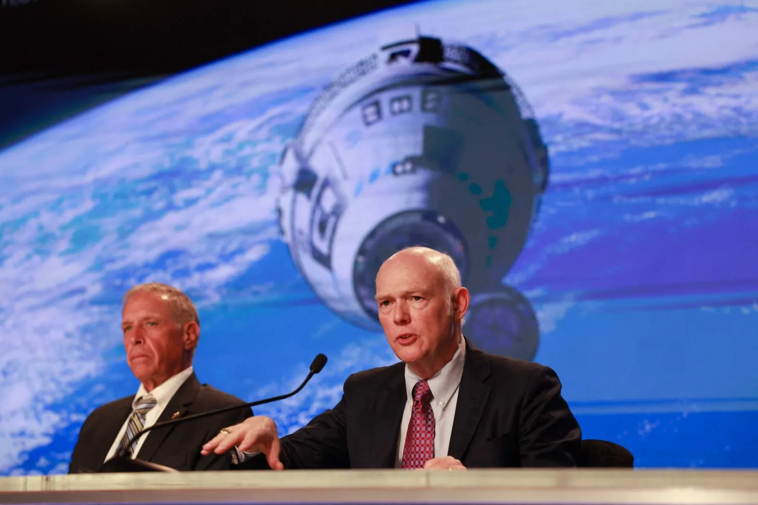 CAPE CANAVERAL, FLORIDA - JUNE 01: (L-R) Mark Nappi, vice president and program manager of Boeing's Commercial Crew Program, and Tory Bruno, the president and CEO for United Launch Alliance, hold a press conference after the launch of Boeing's Starliner spacecraft was scrubbed on June 01, 2024, in Cape Canaveral, Florida. Joe Raedle/Getty Images/AFP