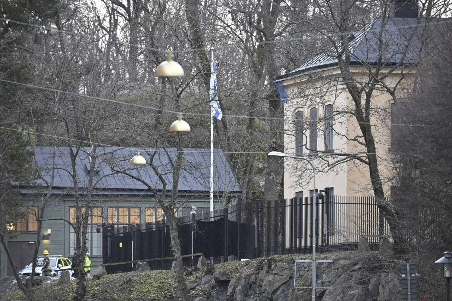 FILE - Officers stand near the Israeli Embassy in Stockholm, Sweden, Wednesday, Jan. 31, 2024. (Henrik Montgomery/TT News Agency via AP, File)